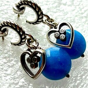 Brighton heart and faceted blue Chalcedony dangle pierced earrings..